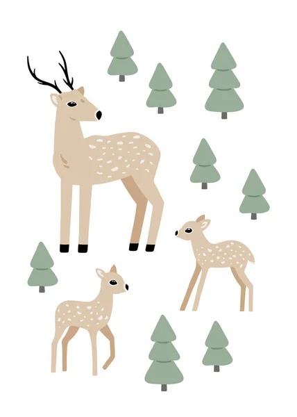 Ręcznie Rysowana Karta Jeleniem Lesie Cute Dziecinna Ilustracja Leśnych Zwierząt — Wektor stockowy