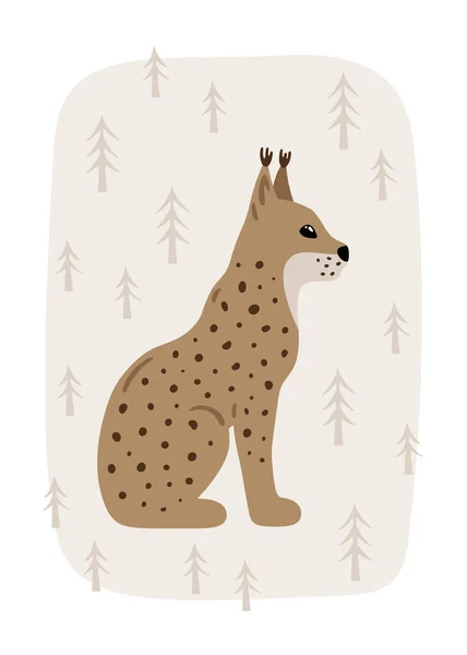Ręcznie Rysowana Karta Rysikiem Lesie Cute Dziecinna Ilustracja Lasu Zwierząt — Wektor stockowy