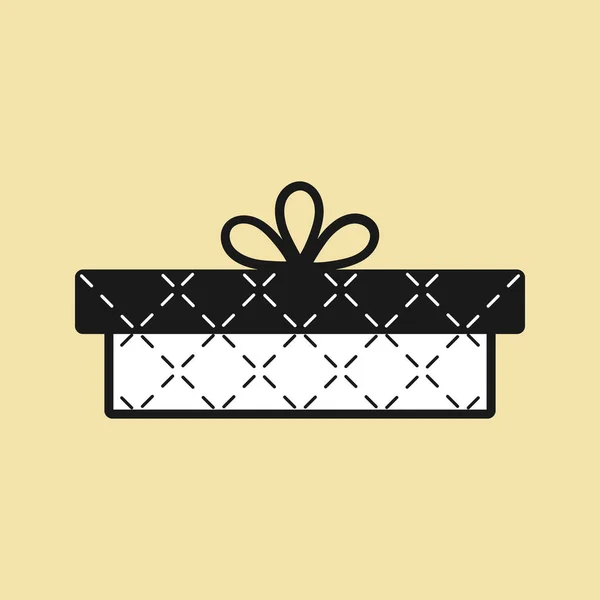 Cadeau présent, icône de boîte cadeau. Vecteur. Remplissage noir et blanc, motif décoratif en diagonale, noeud — Image vectorielle