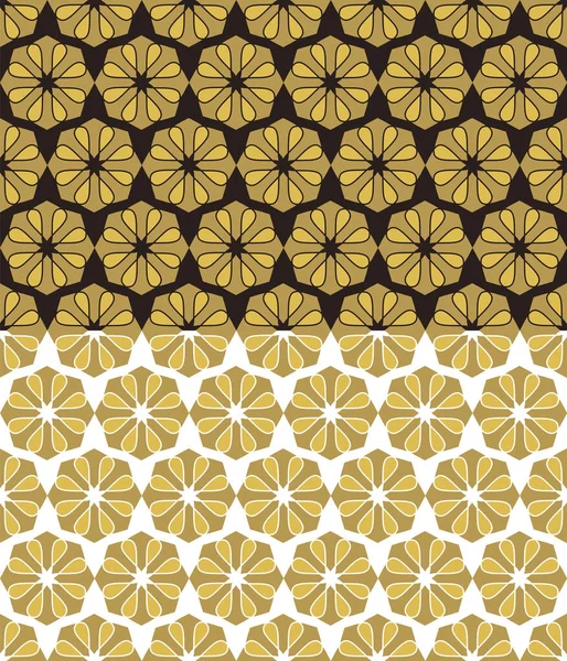 Floral ornamental nahtlose Muster. Sechseckiges geometrisches Gitter. Goldbeige Farbpalette. Brauner oder weißer leicht editierbarer Farbhintergrund. Vektor — Stockvektor