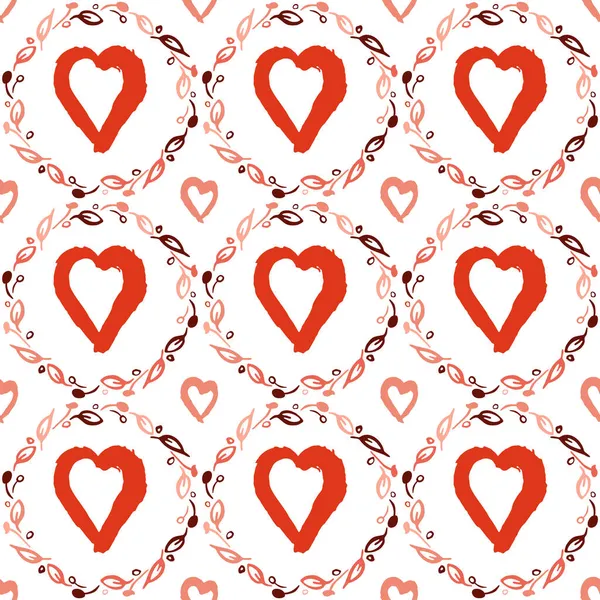 Heart in love seamless pattern. Hand drawn ink brush stroke, doodle design. Floral wreath in coral red pink color palette. White background. Vector — Stock Vector