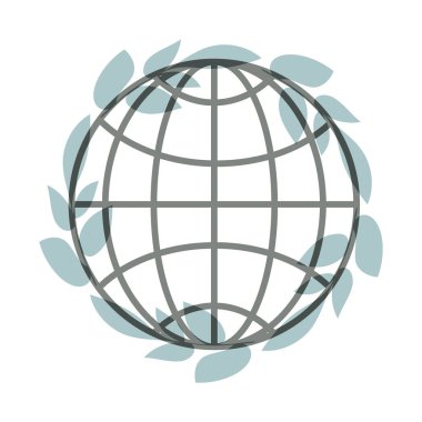 Dünya ikonu, yapraklar. Ekoloji konsepti. Şeffaflık etkisi. Mavi yeşil renk paleti. Beyaz arka plan. Vektör