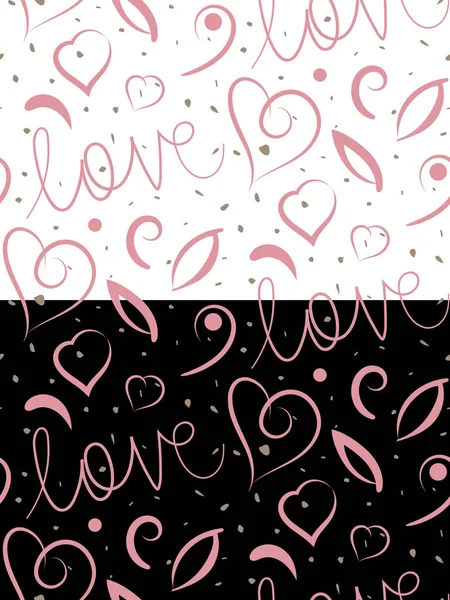 Láska srdce bezproblémový vzor. Ručně malované písmo, dekorativní prvky, list, kvetou v růžové barvě pastelové palety. Bílé nebo černé upravitelné barevné pozadí. Vektor — Stockový vektor