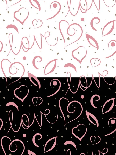 Amor corazones patrón sin fisuras. Letras pintadas a mano, elementos decorativos, hoja, florecer en color rosa pastel paleta. Fondo de color editable blanco o negro. Vector — Archivo Imágenes Vectoriales