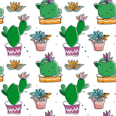 Kaktüs bitkisi çizgi filminin dikişsiz deseni. El çizimi şirin, parlak bir illüstrasyon, yeşil renkler. Beyaz arkaplan. Vektör