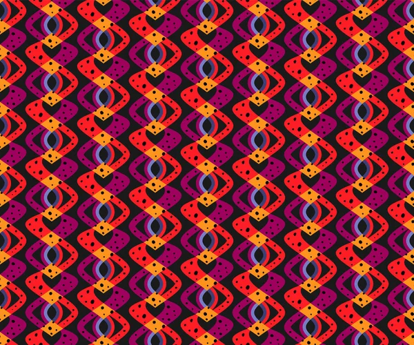 Patrón geométrico sin costura de los años 70. Adorno étnico abstracto curvado, rojo vibrante, colores violetas. Fondo negro. Vector — Archivo Imágenes Vectoriales