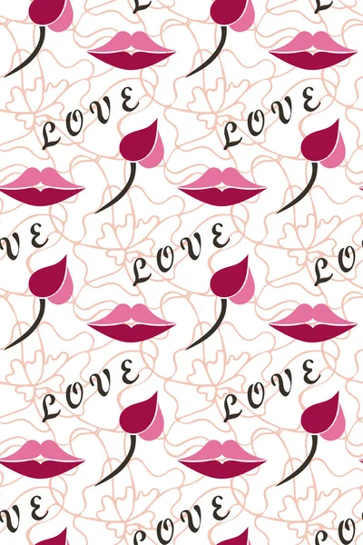 Love floral seamless pattern. Graphic pink lips, flower shapes, word, lettering. Outline tulip contour. White easy editable color background. Vector — Stockvektor