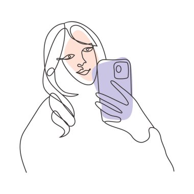 Bir Çizgi Sanatçısı Kadın Vektör Çizimi. Conturing Hattı. Soyut minimalist yüz. Telefonla fotoğraf çeken bir kız. Pembe, mavi pastel renkte iki geometrik şekil elementi