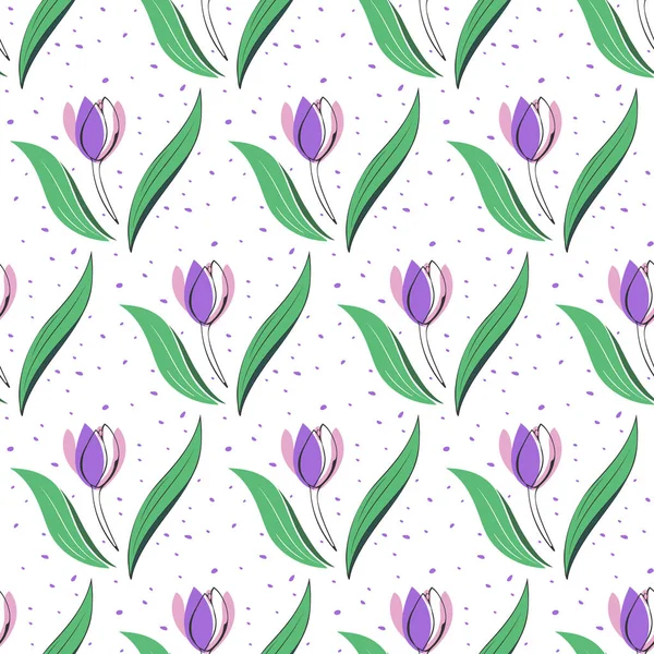 Padrão sem costura floral primavera. Tulipa flor bonito fundo festivo. Desenho à mão ilustração estilo esboço. Muito peri, lilás, tons verdes paleta de cores. Fundo editável fácil branco. Vetor Vetores De Bancos De Imagens