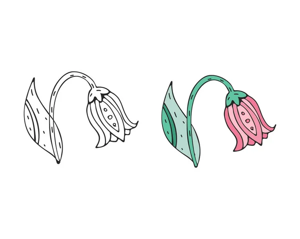 Dekorative Flower Doodle Icon Set. Vektor, vereinte Linien. Handgezeichnete Pinselstriche illustrieren. Umriss und farbiger Ausschnitt. Niedliche isolierte Elemente — Stockvektor