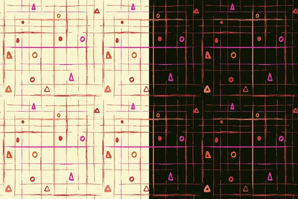 Βούρτσα μελανιού, μονόχρωμο αφαιρετικό μοτίβο. Χοντρές γραμμές ζωγραφισμένες στο χέρι, γεωμετρικές μορφές, κόκκινα ροζ χρώματα. Χειροποίητο στυλ grunge κινουμένων σχεδίων. Λευκό ή μαύρο εύχρηστο φόντο. Διάνυσμα — Διανυσματικό Αρχείο