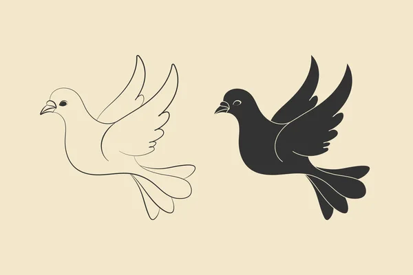 Dove icon set. Peace symbol, logo cartoon style. Outline black outline, black silhouette illustrations. Vector — Stock Vector