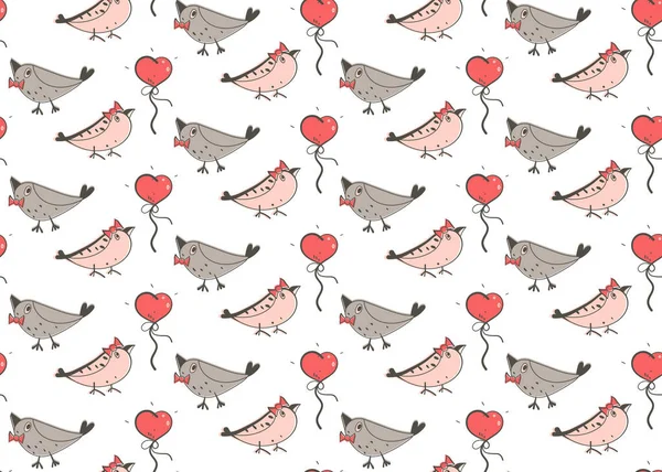 Birds doodle seamless pattern. Hand drawn elements, balloon, heart, cartoon style design illustration. Grey, pink color palette. White easy editable color background — Stock Vector