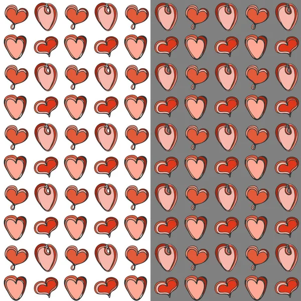 Doodle Herzen nahtlose Muster. Handgezeichnete Tusche Linie Cartoon-Stil Design-Illustration. Rote, rosa, schwarze Farbpalette. Weiß oder grau leicht editierbarer Farbhintergrund — Stockvektor