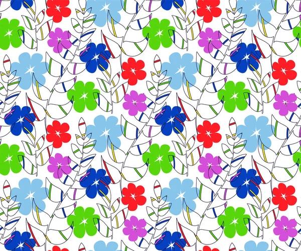 Motivo floreale disegnato a mano senza cuciture, foglie tropicali, silhouette di fiori semplici, tavolozza di colori vivaci arcobaleno. sfondo di colore bianco. Vettore — Vettoriale Stock