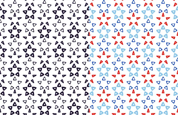 Estrellas colección de patrones sin costura. Siluetas garabatos de tinta negra, telón de fondo dibujado a mano en azul marino, raws verticales rojos. Fondo de color editable fácil blanco. Vector — Archivo Imágenes Vectoriales