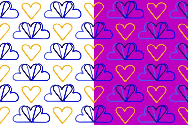 ハートシームレスパターン。手描きのフードインクブラシストローク、アウトライン形状、青トーン、黄色のカラーパレット。愛の休日、バレンタインデーのためのかわいい漫画の背景。白またはライラックの背景。ベクトル — ストックベクタ