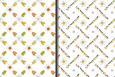 Elle çizilmiş karalama harfleri, dikişsiz bebek odası desenleri, çizim seti. Bebek kelimesi, siyah fırça izi, güneş sembolü, çapraz ızgara, sarı pastel renk, cinsiyet ayrımı yok. Beyaz arka plan. Vektör