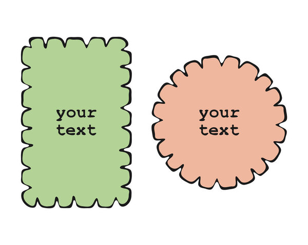 Frame outline set. Hand drawn decorative doodle stroke line borders, wave line, circle, rectangle geometric shapes, pink green pastel color fill. Vector