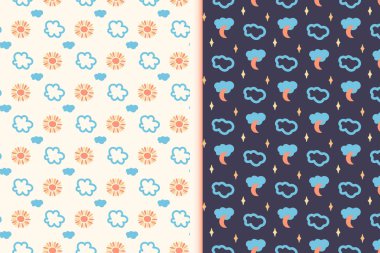 Dikensiz çocuk odası desenleri, iki kişilik. El çizimi grafiksel güneş, ay, yıldız, bulut. Geometrik şebeke arka planı. Yumuşak pastel bebek renk paleti. Kolay düzenlenebilir renk arkaplanı. Vektör illüstrasyonu