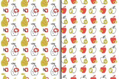 Armut, elmasız desenler, 2 'li set. Renkli meyveler, daire şeklinde siluetler. El çizimi saf çizgi film çocuksu çizimi, kırmızı sarı parlak renk. Vektör illüstrasyonu