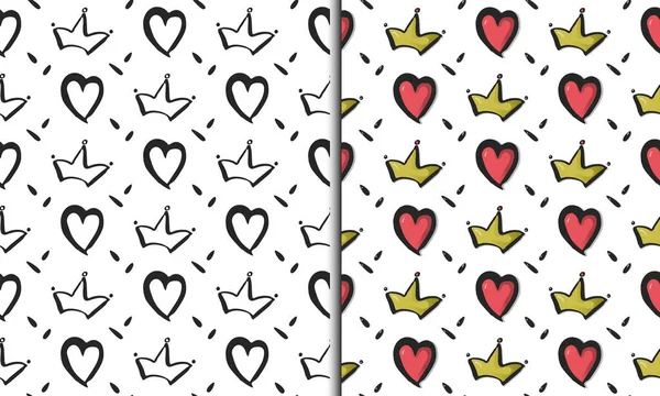 Heart Crown Seamless Patterns Collection Illustrations Hand Drawn Doodle Cartoon — Vetor de Stock