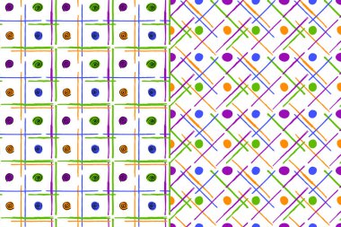 Geometrik kontrol, kusursuz desenler, 2 'li koleksiyon. El çizimi karalama çizgileri, çizgi film tasarımı, dekoratif girdap, daire elementleri. Cadılar Bayramı Partisi renk paleti. Şeffaf arka plan. Vektör