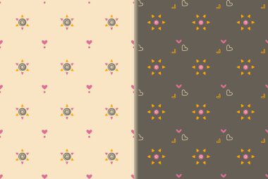 Kalpli, şirin, pürüzsüz bir bebek. İki kişilik. Mandala güneş şekilleri, özet kalp. Minimalist geometrik ızgara. Yumuşak pastel bebek odası renk paleti. Şeffaf arka plan. Vektör illüstrasyonu