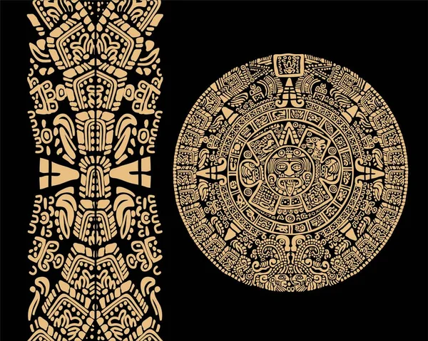 Ancient Mayan Calendar Vector Illustration Black Background — Stock Vector