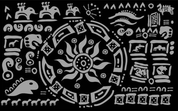 拉丁美洲古代文明的太阳 符号和标志的绘制 古代文明的模式 阿兹特克人 玛雅人 印加人 — 图库矢量图片