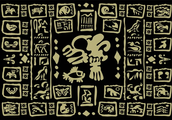 具有黑色背景的抽象构图中的古代玛雅和托尔特克人的标志和图画 — 图库矢量图片