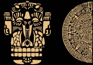 Antik Amerikan yerlilerinin resimleri. Arka plan Maya takviminin sembollerinden oluşuyor. Aztekler, Mayalar, İnkalar, Toltecas. Antik dünyanın işaretleri ve sembolleri. Meksika antik Maya takvim sanatı 