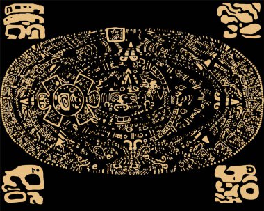 Abstract design with an ancient Mayan ornament. Images of characters of ancient American Indians.The Aztecs, Mayans, Incas.Ancient signs of America on a black background. 