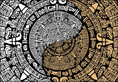 Mayan calendar.Mask of the ancient peoples of America.Images of characters of ancient American Indians.The Aztecs, Mayans, Incas.Signs and symbols of the ancient world. Mexican ancient Mayan calendar Art. Yin and yang.