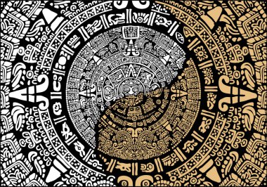 Mayan calendar.Mask of the ancient peoples of America.Images of characters of ancient American Indians.The Aztecs, Mayans, Incas.Signs and symbols of the ancient world. Mexican ancient Mayan calendar Art. Yin and yang. clipart