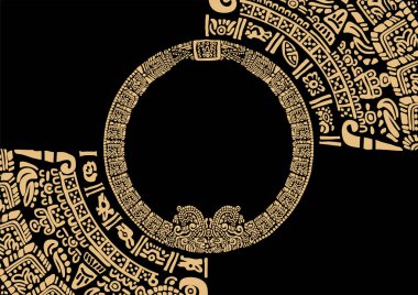 Antik Maya sembollerinden soyut çerçeve. Antik Amerikan yerlilerinin resimleri. Aztekler, Mayalar, Mücevherler. Antik dünyanın işaretleri ve sembolleri. Meksika antik Maya takvim sanatı. 