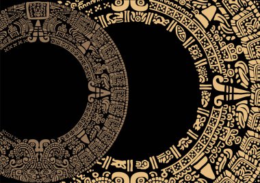 Rounded frames made of symbols of the Mayan calendar. Abstract design with an ancient Mayan ornament. Images of characters of ancient American Indians.The Aztecs, Mayans, Incas. Ancient signs of America on a black background. 