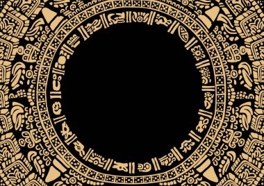 Maya takviminin sembollerinden yapılmış yuvarlak çerçeveler. Antik Maya süsü. Antik Amerikan yerlilerinin resimleri. Aztekler, Mayalar, İnkalar. Siyah arka planda Amerika 'nın antik işaretleri. 