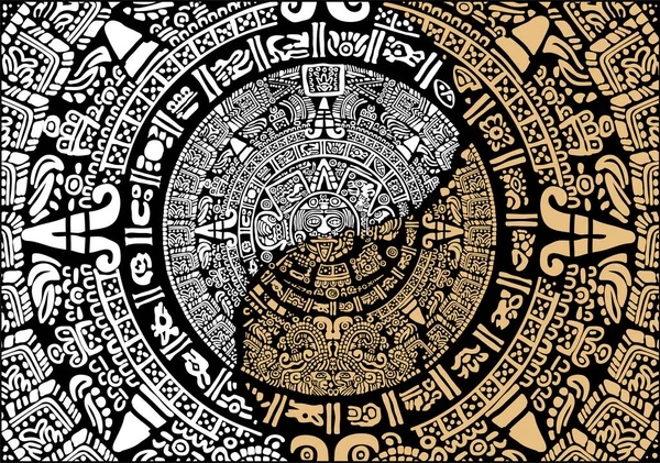 玛雅历法 美国古代民族的面具 古代美洲印第安人的人物形象 阿兹特克人 玛雅人 印第安人 古代世界的标志和符号 墨西哥古代玛雅历法艺术 — 图库矢量图片