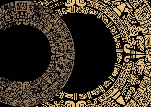 Maya takviminin sembollerinden yapılmış yuvarlak çerçeveler. Eski bir Maya süsüsüyle soyut tasarım. Antik Amerikan yerlilerinin resimleri. Aztekler, Mayalar, İnkalar. Siyah arka planda Amerika 'nın antik işaretleri. 