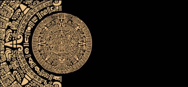 Corner design from symbols of calendars, letters, masks and pictures of the ancient Maya and Toltec civilization on a black background