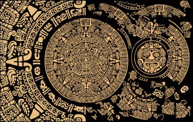Corner design from symbols of calendars, letters, masks and pictures of the ancient Maya and Toltec civilization on a black background