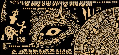 Corner design from symbols of calendars, letters, masks and pictures of the ancient Maya and Toltec civilization on a black background