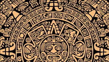 Kara arka planda antik Maya ve Toltek medeniyetinin takvim, mektup, maske ve resimlerinden oluşan köşe tasarımı