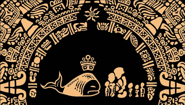 Corner design from symbols of calendars, letters, masks and pictures of the ancient Maya and Toltec civilization on a black background