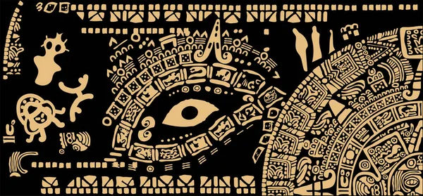 从黑色背景的玛雅和托尔特克古代文明的历法 面具和图片的符号设计角落 — 图库矢量图片