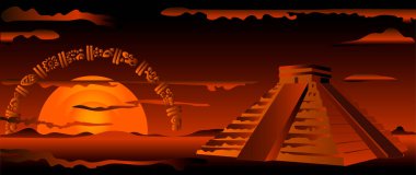 Mayalar ve Toltecler 'in topraklarında büyülü bir günbatımı. Mayıs ve Toltek Tapınağı. Maya takviminin sembollerinden oluşan bir arka plan..