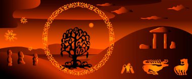 Antik süslemeler ve işaretlerle İskitli hayvan stili. Scythian tepecikleri ve taş heykeller.