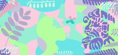 Eski Maya tanrısının maskesi ve pembe bir arka planda eğrelti otu ve akasya yapraklarının görüntüsüyle çerçevelenmiş.