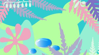 Eğreltiotu yaprakları ve pastel doğal arkaplanın soyut bileşiminin arka planına su damlaları düşer.